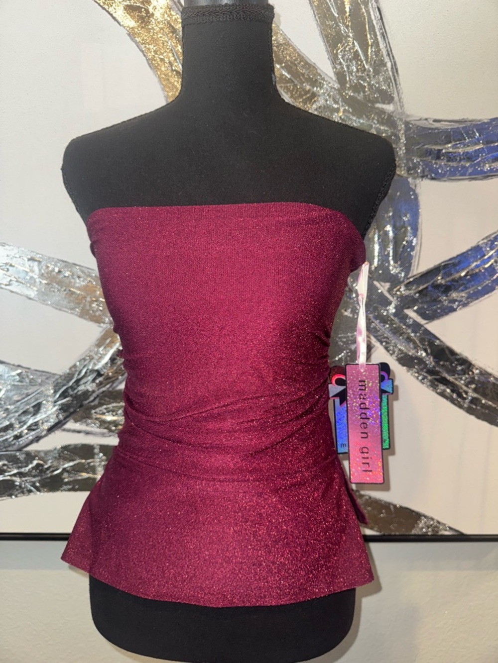 Madden Girl Strapless Shimmer Peplum Top - Burgundy